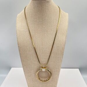 VTG Two-Tone Classic Omega Chain Mesh Circle Cyrah Pendant Push Lock Necklace